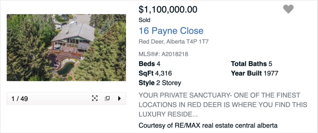 16 Payne Close, is the 3rd highest price home sold in Red Deer this in 2023